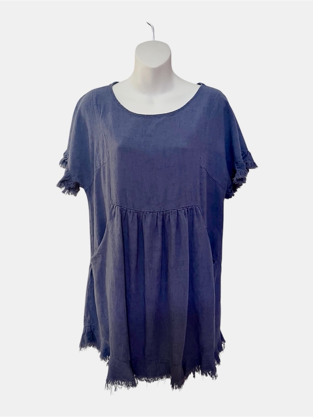 Umgee Blue Linen Blend Fringe Hem Tiered Short Summer Dress Pockets Size Medium